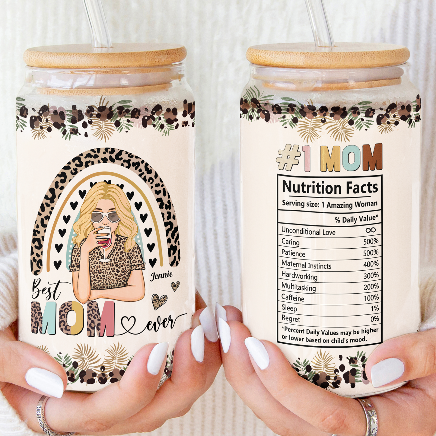 Best Mom Ever Nutrition Facts Amazing Woman  - Personalized Clear Glass Can