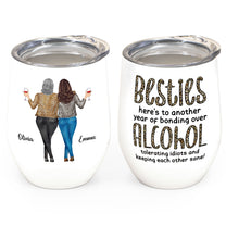 Besties, Alcohol Tolerating, Bonding Over, Keeping Each Other Sane - Personalized Wine Tumbler - Birthday, New Year Gift For Besties, Soul Sisters, Sistas, BFF, Friends - Leopard Pattern Jacket Woman
