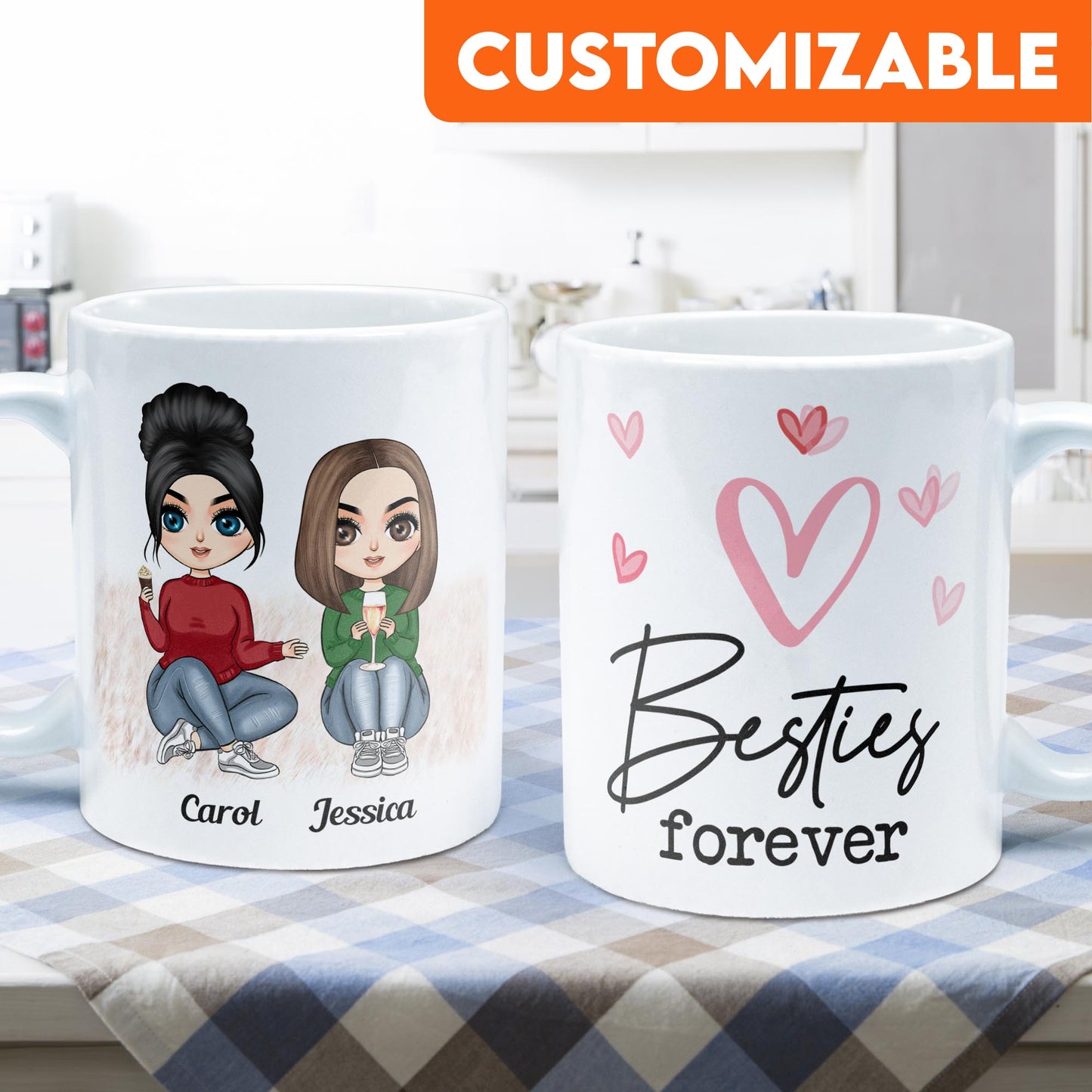 Besties Forever - Personalized Mug - Birthday Gift For Bestie, Best Friend, FF, Friend, Soul Sister - Sitting Cartoon Girls