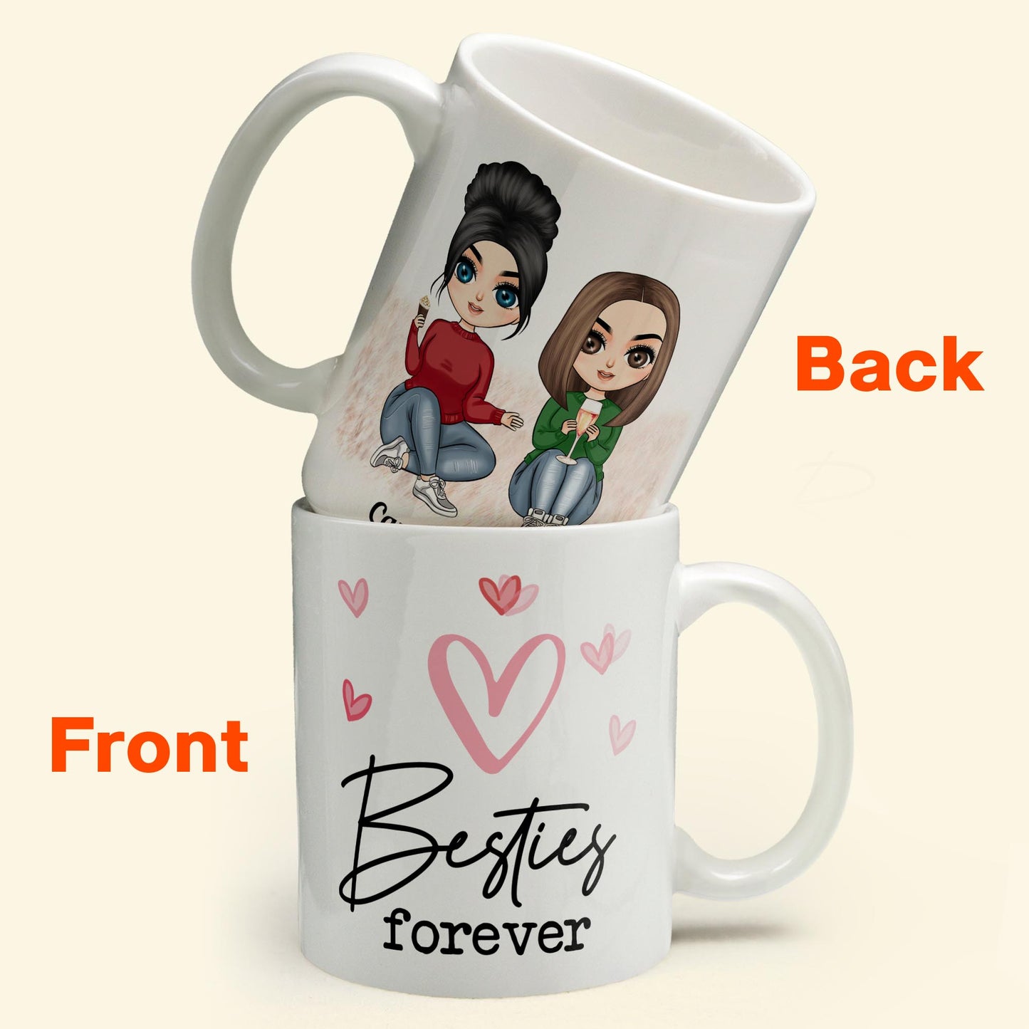 Besties Forever - Personalized Mug - Birthday Gift For Bestie, Best Friend, FF, Friend, Soul Sister - Sitting Cartoon Girls