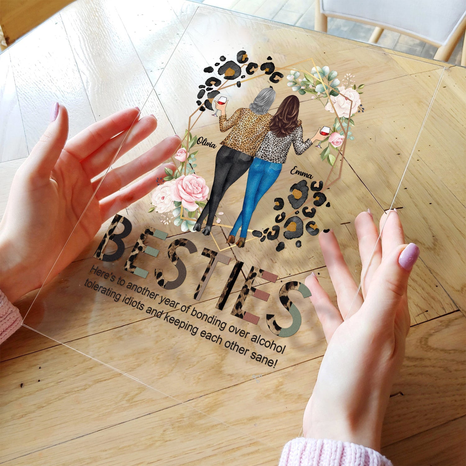 Besties, Tolerating Idiots, Bonding Over Alcohol - Personalized Acrylic Plaque - Birthday Gift For Bestie, Friend, Sister, Work Bestie, Colleague