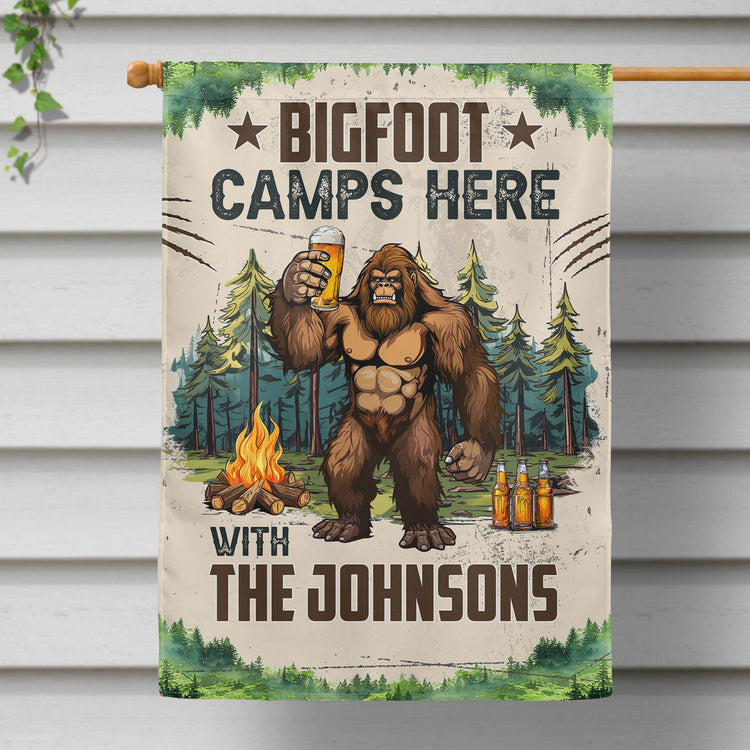 Bigfoot Camps Here With Us - Personalized Flag