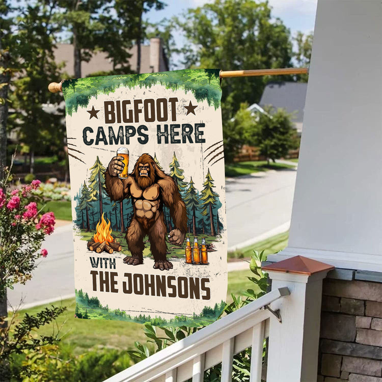Bigfoot Camps Here With Us - Personalized Flag