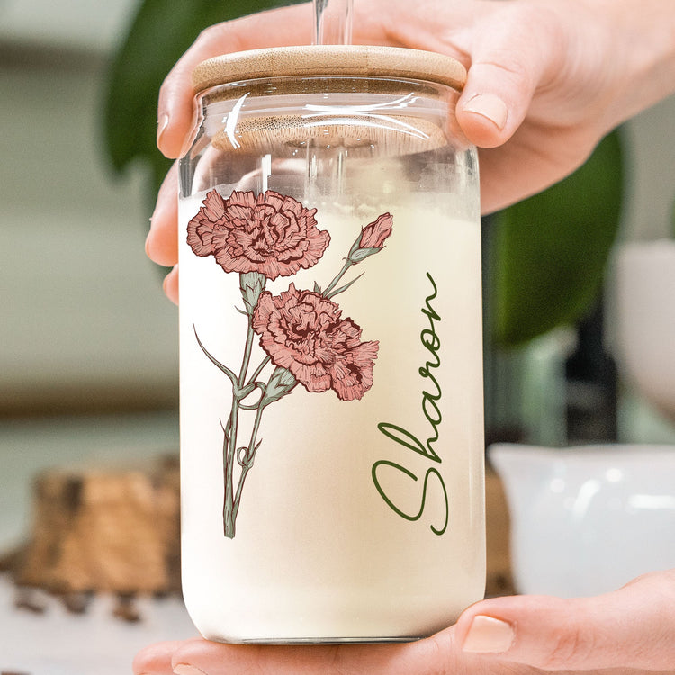 Birth Flower Birthday Gift For Women Friend Bridesmaid - Personalized Clear Glass Can