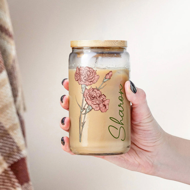 Birth Flower Birthday Gift For Women Friend Bridesmaid - Personalized Clear Glass Can