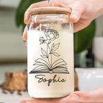 Birthday Flower Gift For Book Lovers Bookworms - Personalized Clear Glass Cup
