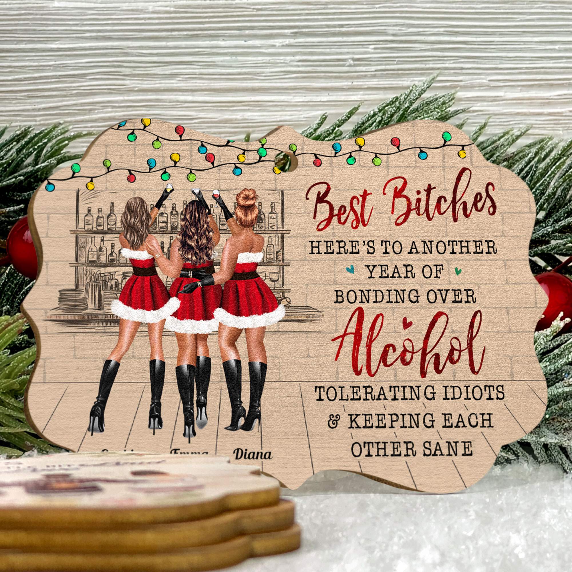 Bonding Over Alcohol - Personalized Wooden Ornament