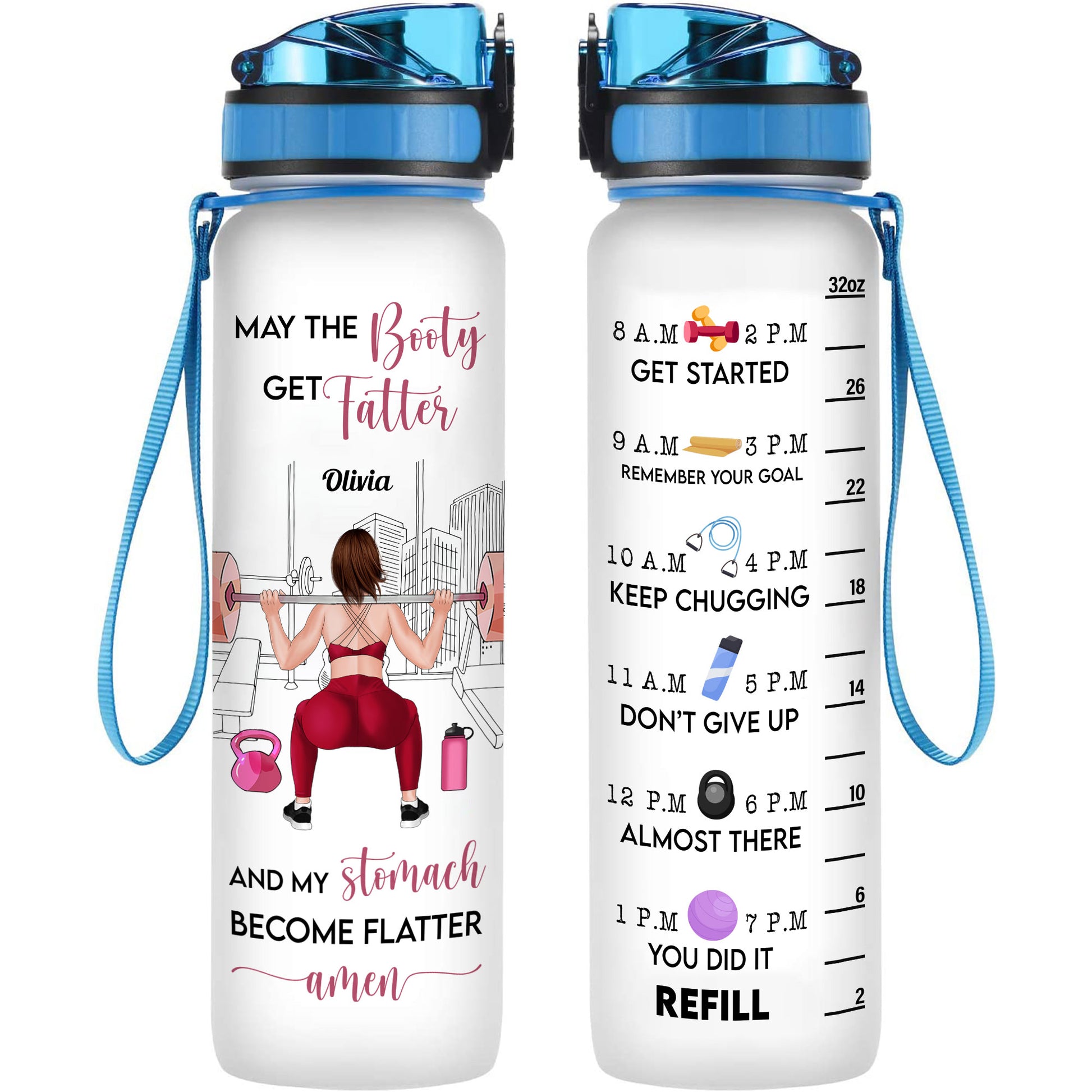 Booty Get Fatter - Personalized Water Bottle With Time Marker - Birthday,  Motivation Gift For Fitness Girl, Personal Trainer, Gymer - Squat Girl