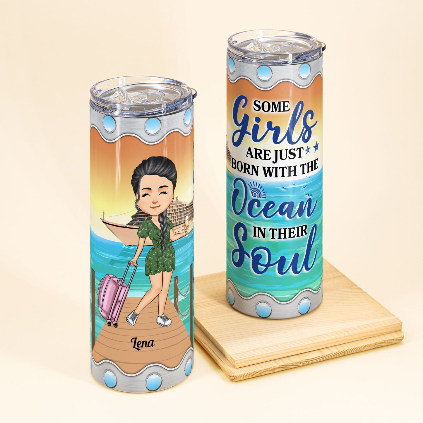Born With The Ocean - Personalized Skinny Tumbler - Birthday, Vacation Gift For Her, Girl, Ocean Lovers, Traveling, Summer Vibe, Cruising