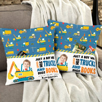 Boy Loves Trucks And Digs Books - Personalized Photo Pocket Pillow (Insert Included)