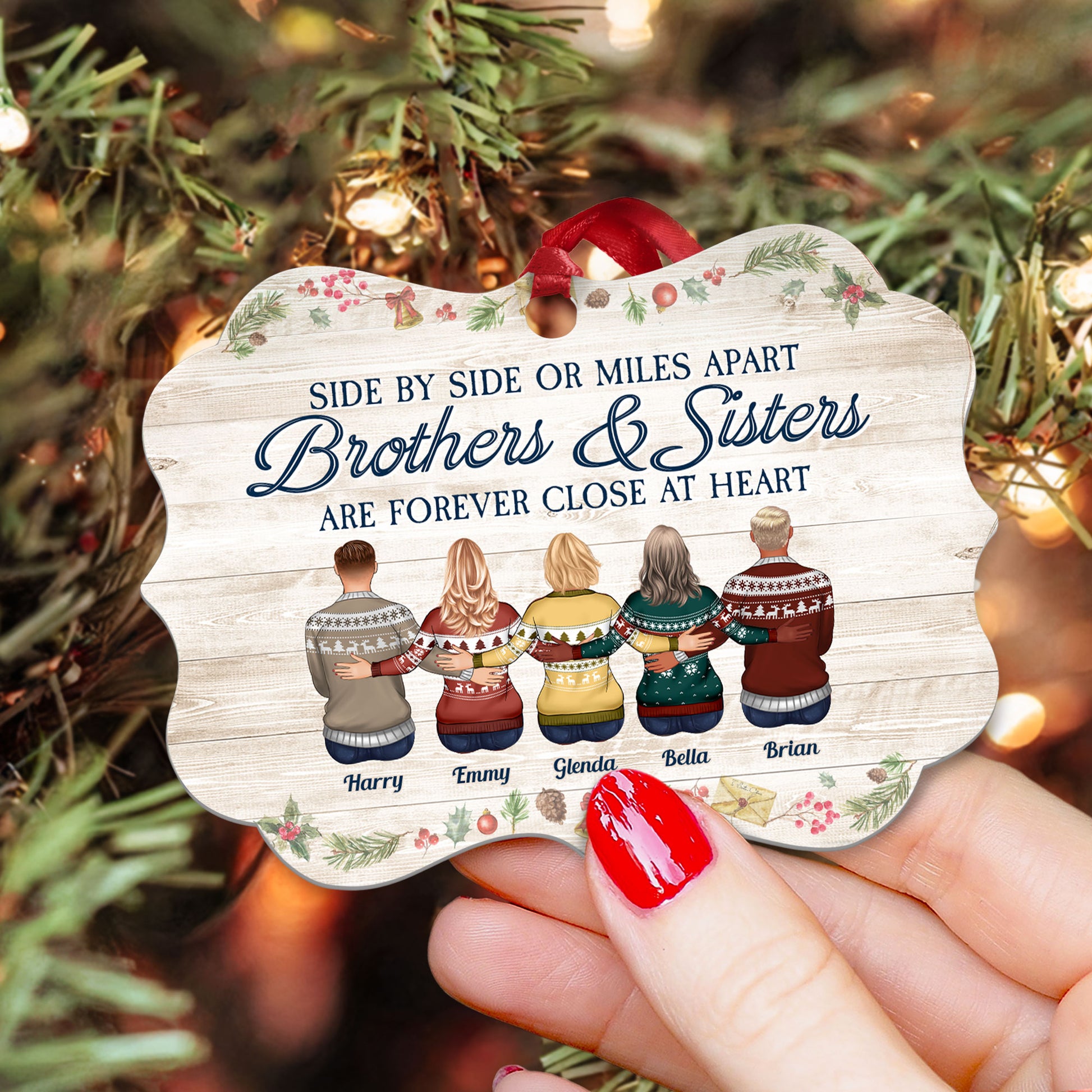Brothers & Sisters Are Forever Close At Heart - Personalized Aluminum Ornament - Christmas Gift Family Ornament For Dad, Mom, Brothers, Sisters - Family Hugging