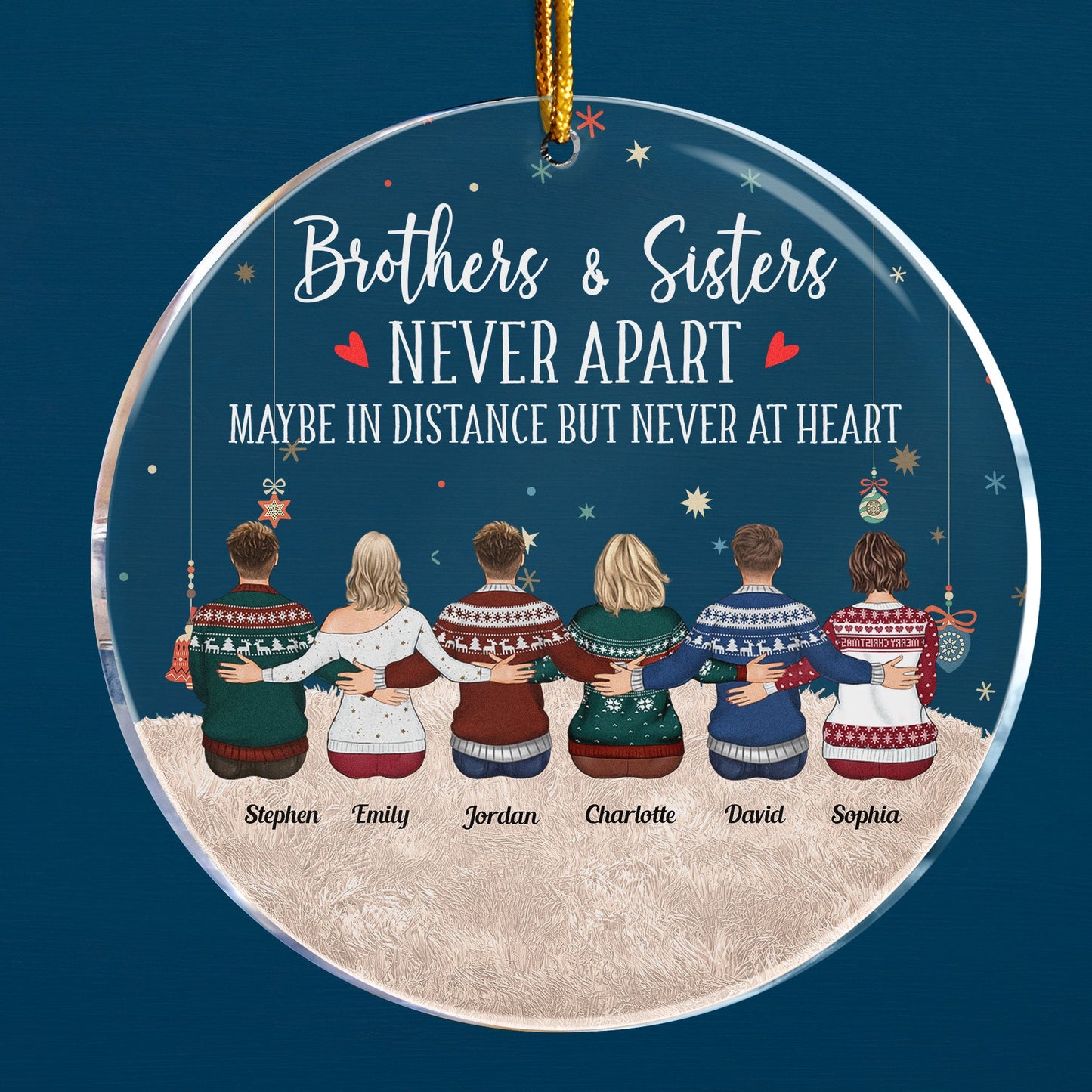 Brothers & Sisters Are Never Apart - Sitting Family - Personalized Circle Acrylic Ornament - Christmas, New Year Gift For Family, Sisters, Brothers, Siblings