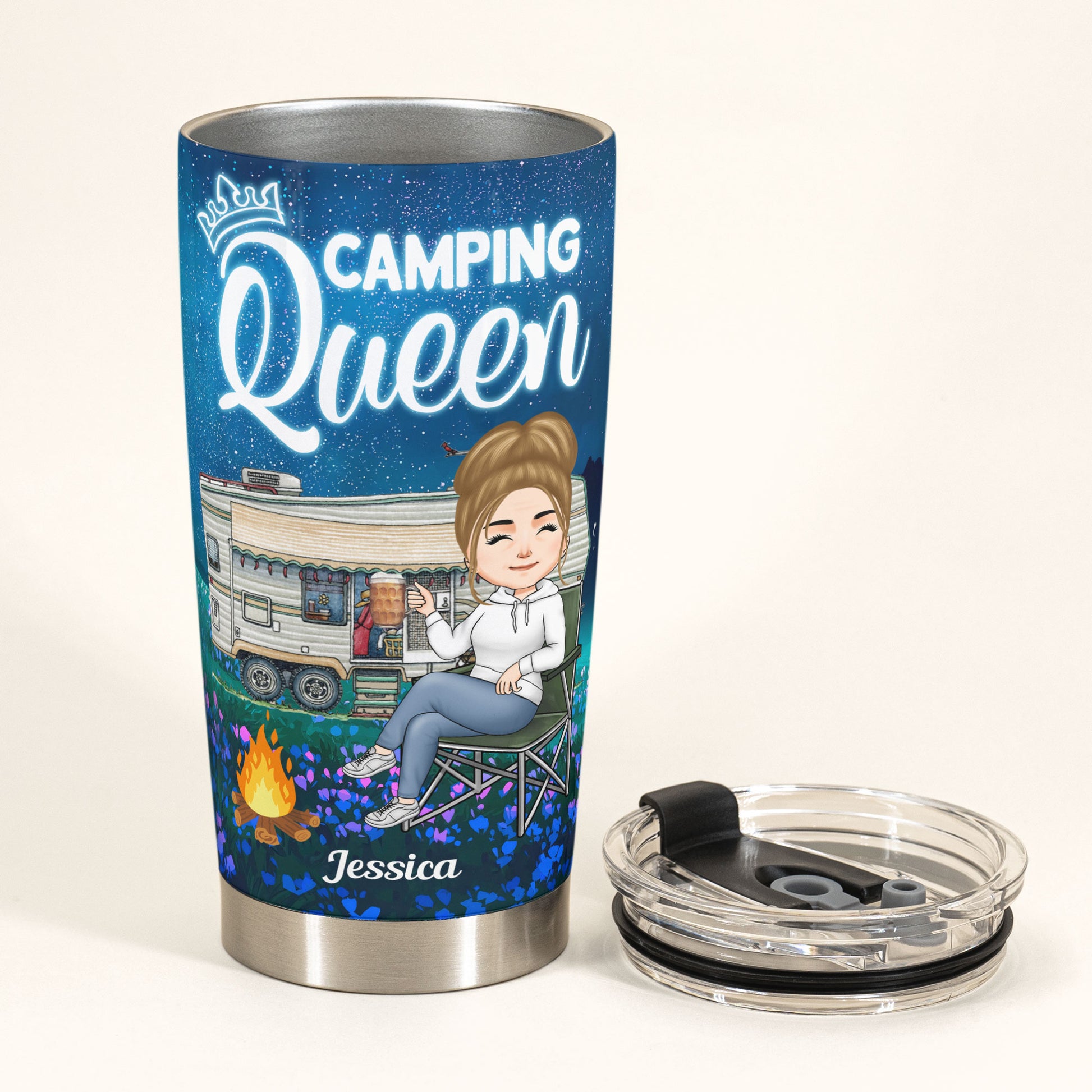 Camping Queen  - Personalized Tumbler Cup - Birthday Gift For Her, Girl, Woman, Camping Lover, Wanderlust