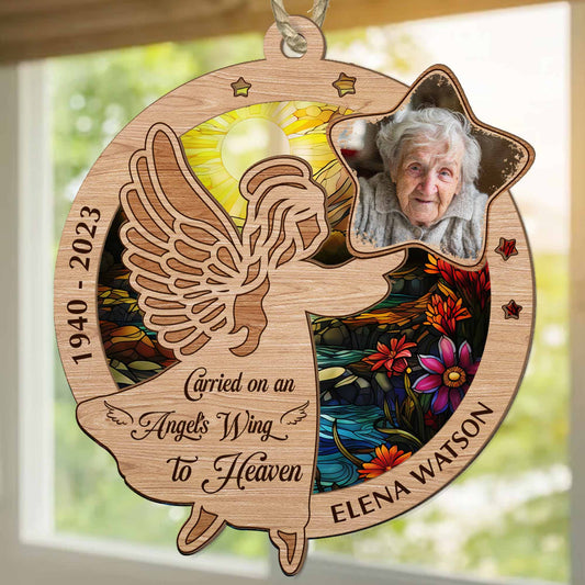 Carried On An Angel'S Wing To Heaven - Personalized Suncatcher Ornament