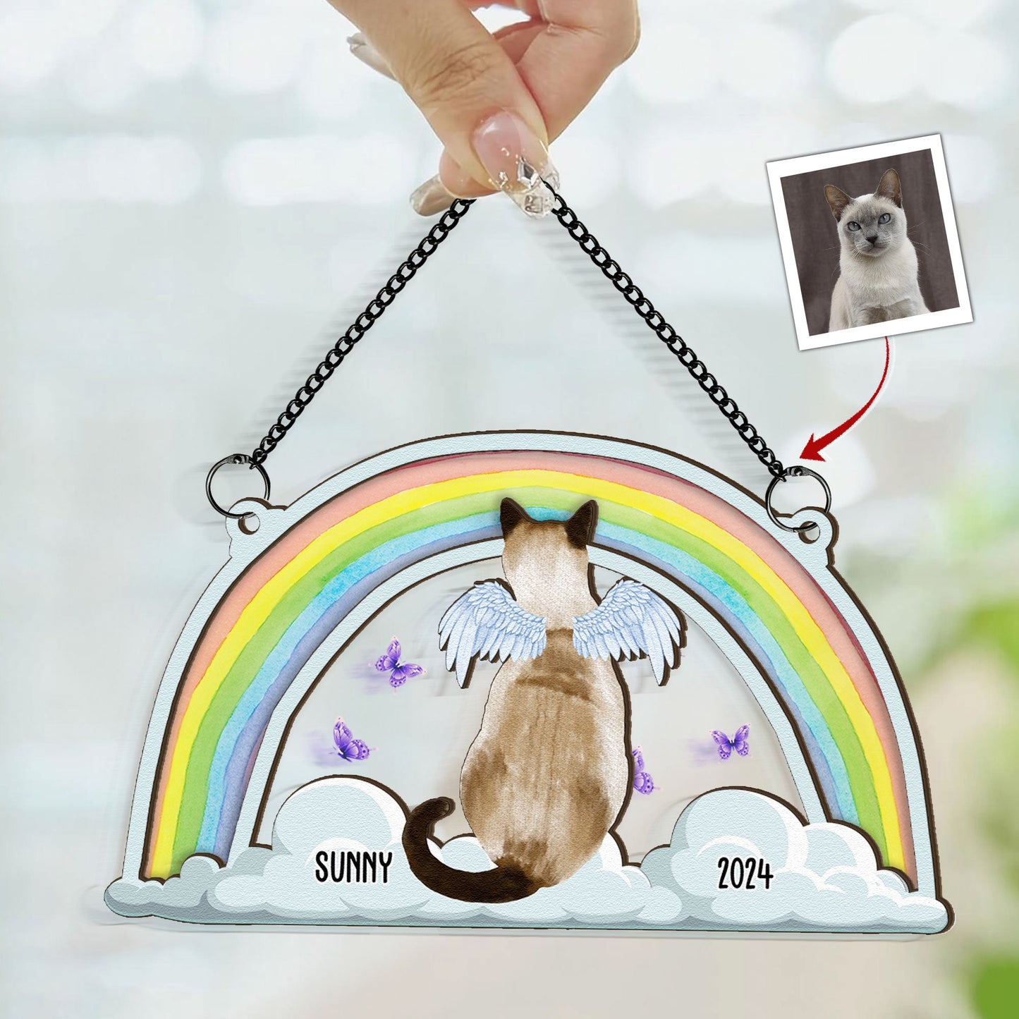 Cat Sits At The Rainbow Bridge - Personalized Window Hanging Suncatcher Ornament