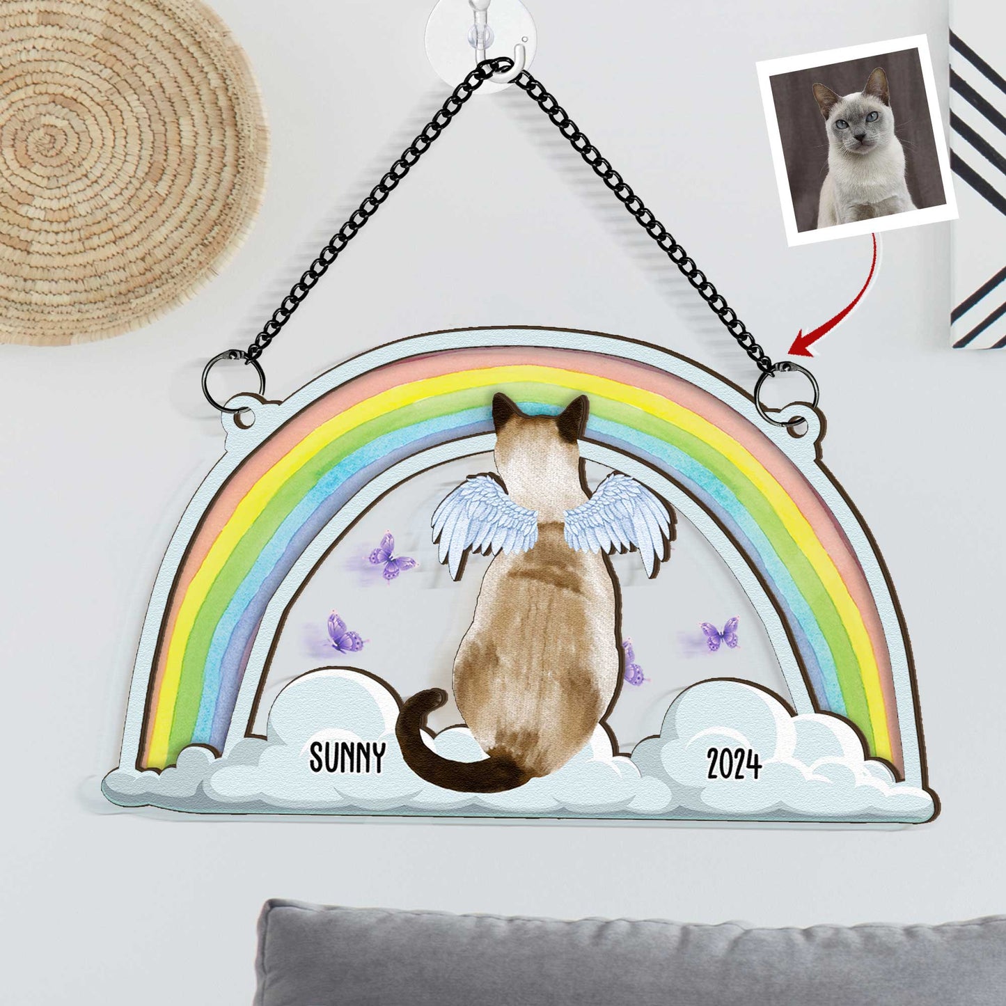 Cat Sits At The Rainbow Bridge - Personalized Window Hanging Suncatcher Ornament