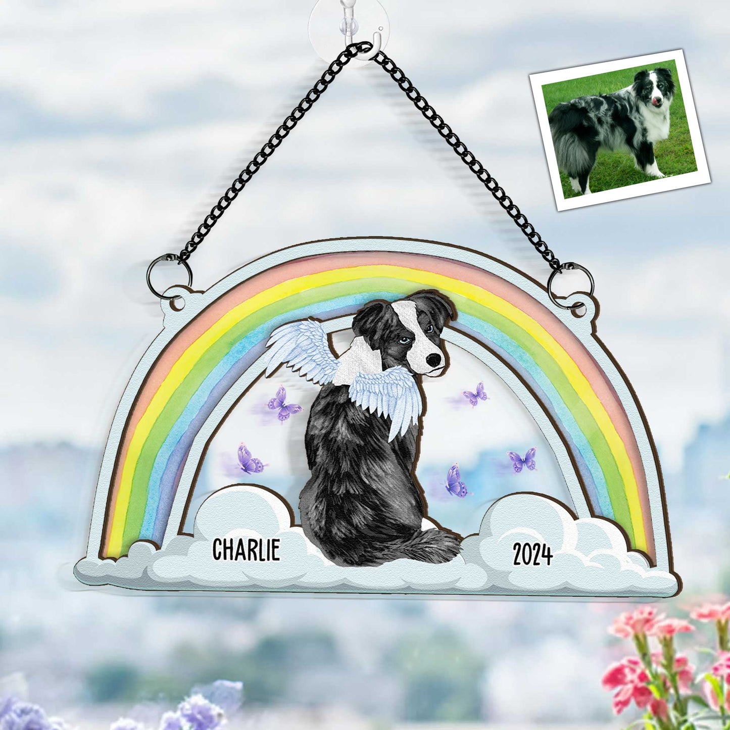 Cat Sits At The Rainbow Bridge - Personalized Window Hanging Suncatcher Ornament