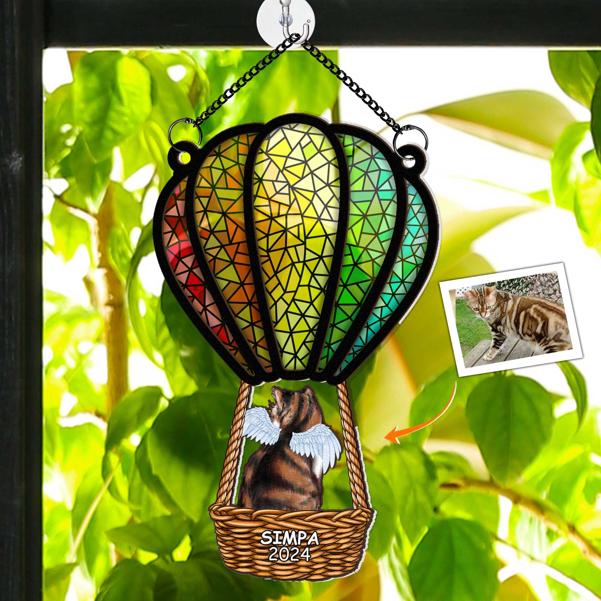 Cat Flying With Air Balloon - Personalized Window Hanging Suncatcher Ornament