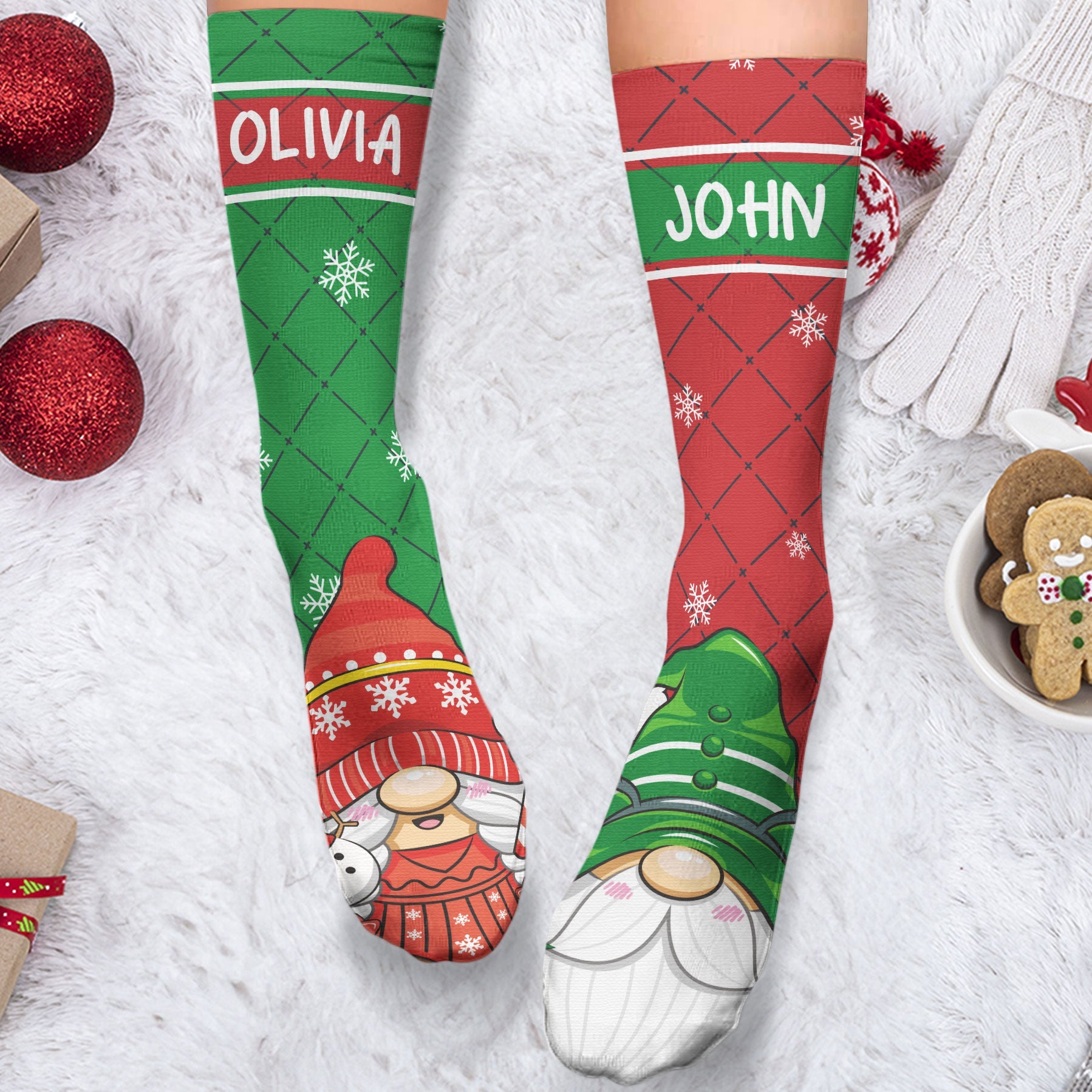 Cheery & Bright Gnome Couple - Personalized Crew Socks