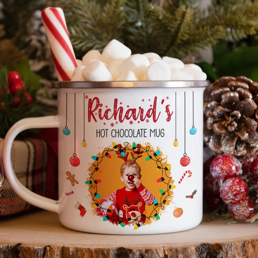 Chocolate Christmas Movie Watching Mug For Kid, Family - Personalized Photo Enamel Mug