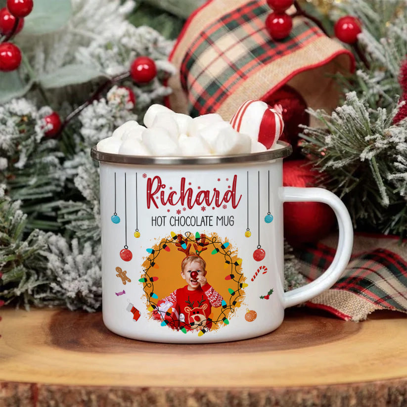 Chocolate Christmas Movie Watching Mug For Kid, Family - Personalized Photo Enamel Mug