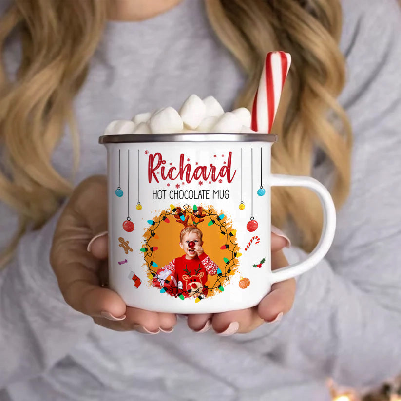 Chocolate Christmas Movie Watching Mug For Kid, Family - Personalized Photo Enamel Mug