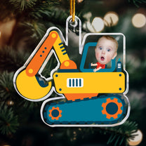 Christmas Boy Riding Construction Vehicle - Personalized Acrylic Photo Ornament