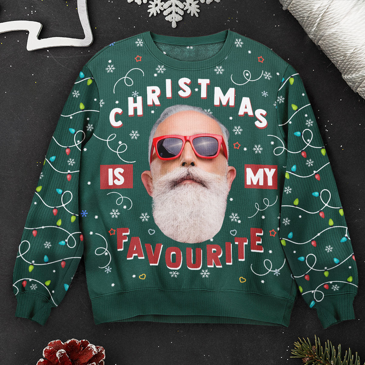 Christmas Is My Favourite Led Light Personalized Photo Ugly Sweater Macorner