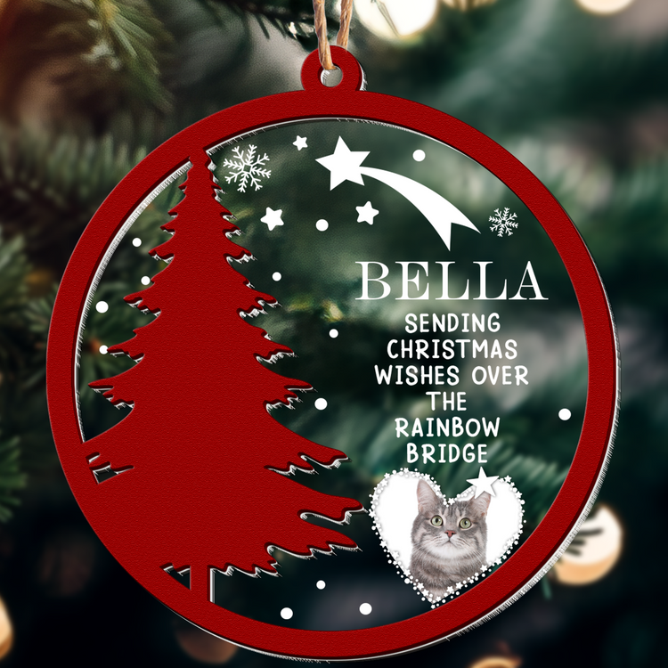 Christmas Pet Memorial - Personalized Photo Wood And Acrylic Ornament With Bow