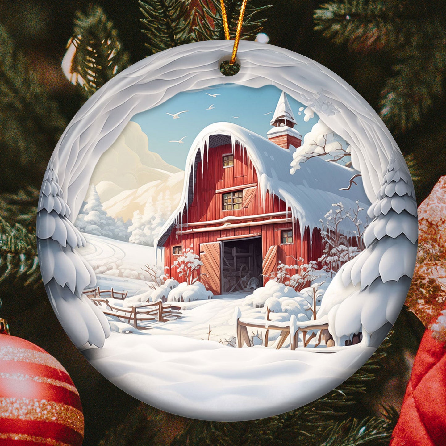 Christmas Snow 3D Look Non-Textured - Personalized Ceramic Ornament