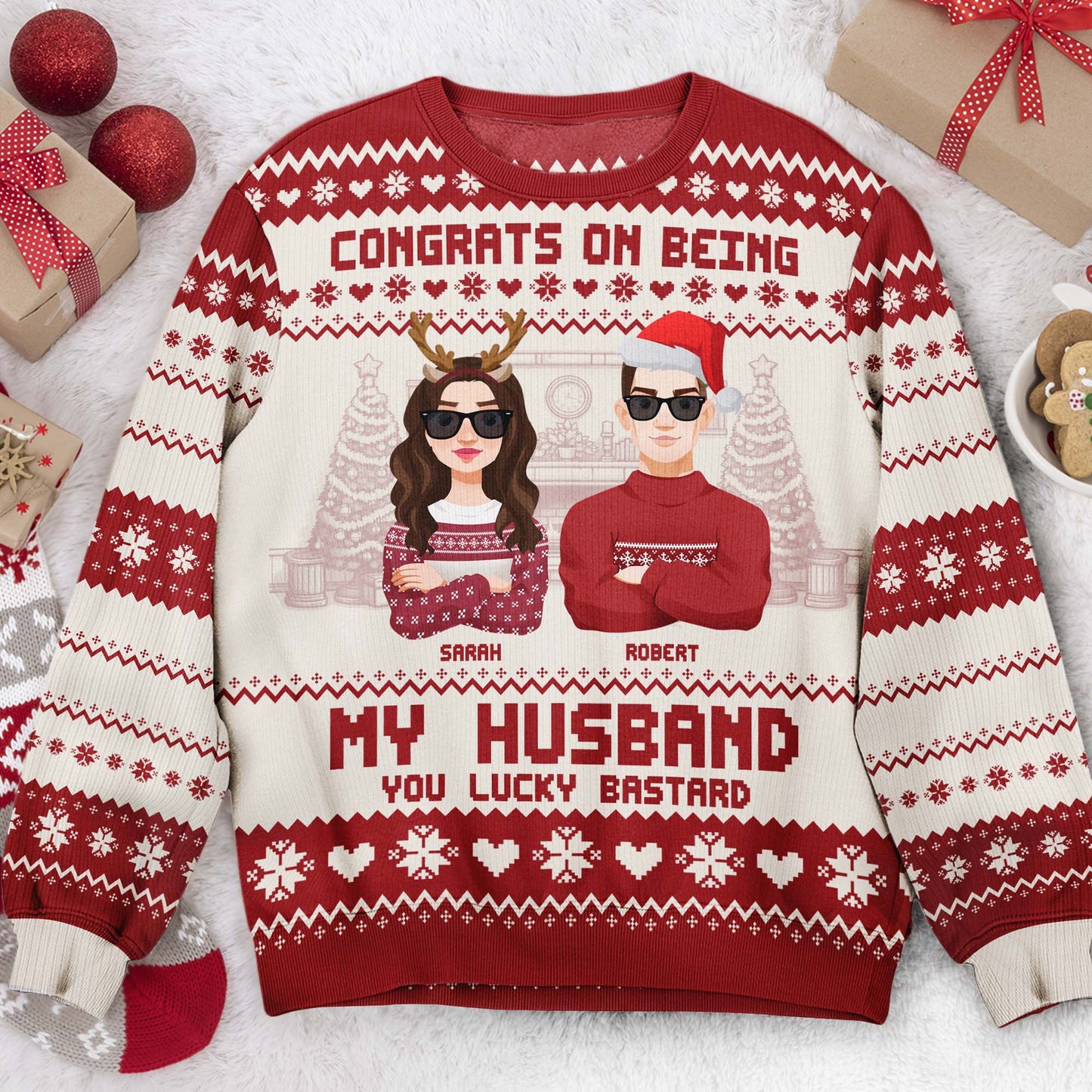 Congrats On Being My Husband Christmas Led Light - Personalized Photo Ugly Sweater