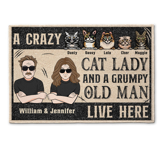 Crazy Cat Lady & Grumpy Old Man - Personalized Doormat - New House, Birthday Gift For Couples, Husband, Wife, Family
