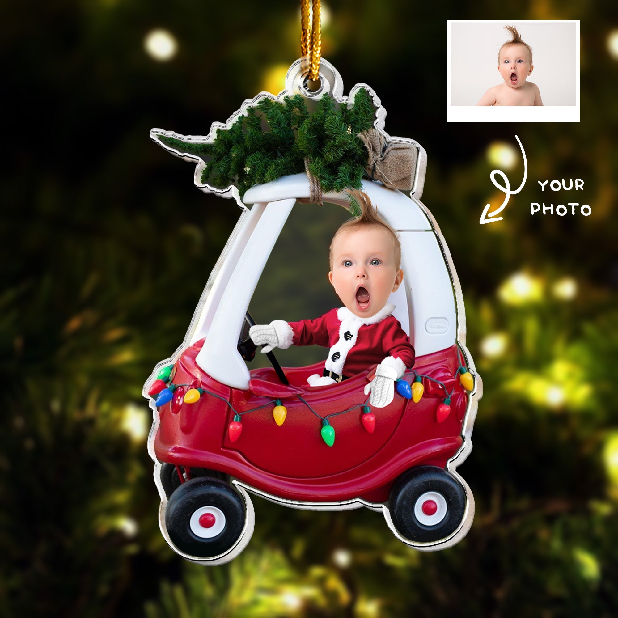 Custom Baby Kid In Car - Personalized Newborn Christmas Photo Ornament