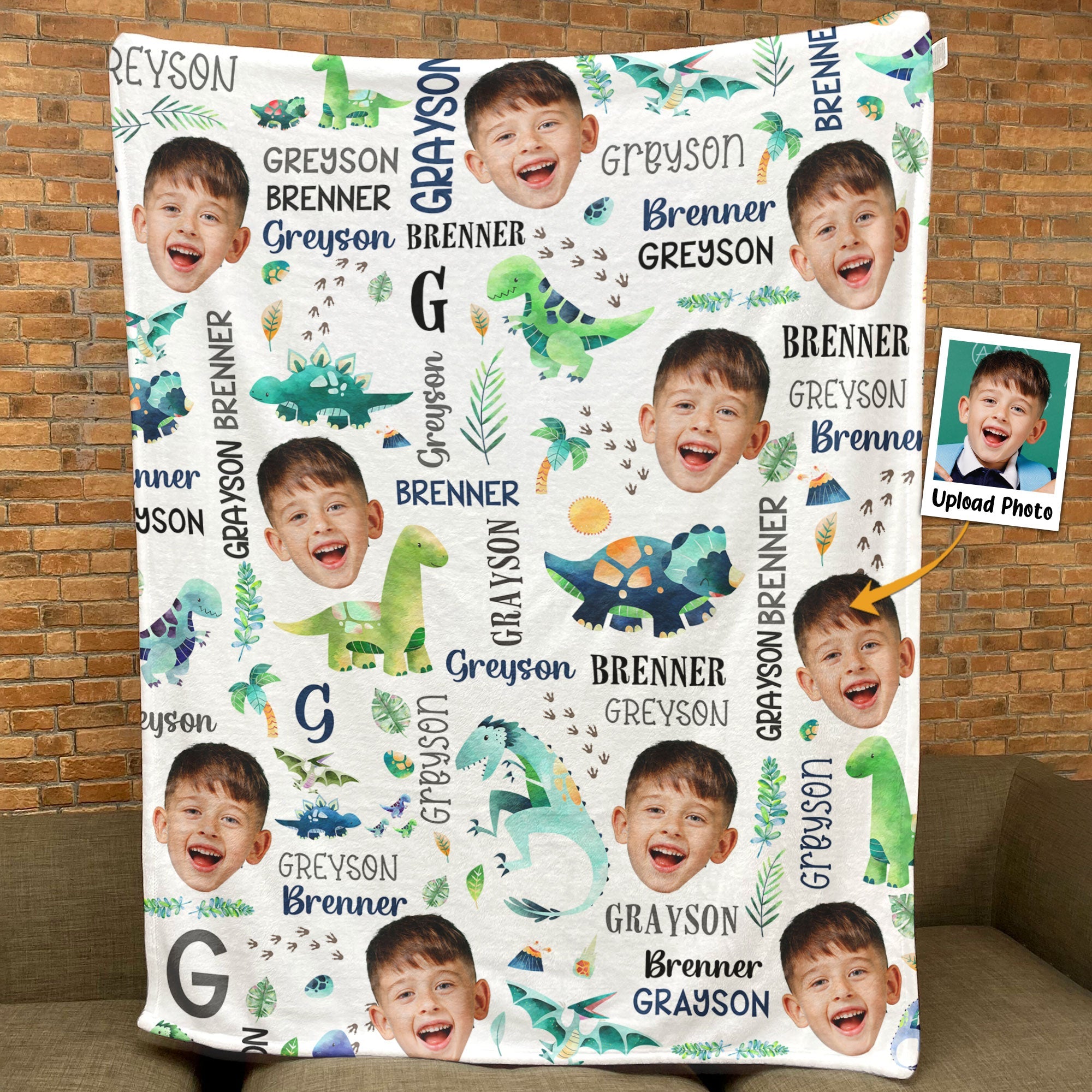 Custom Face Dinosaur Baby - Personalized Kid Photo Blanket