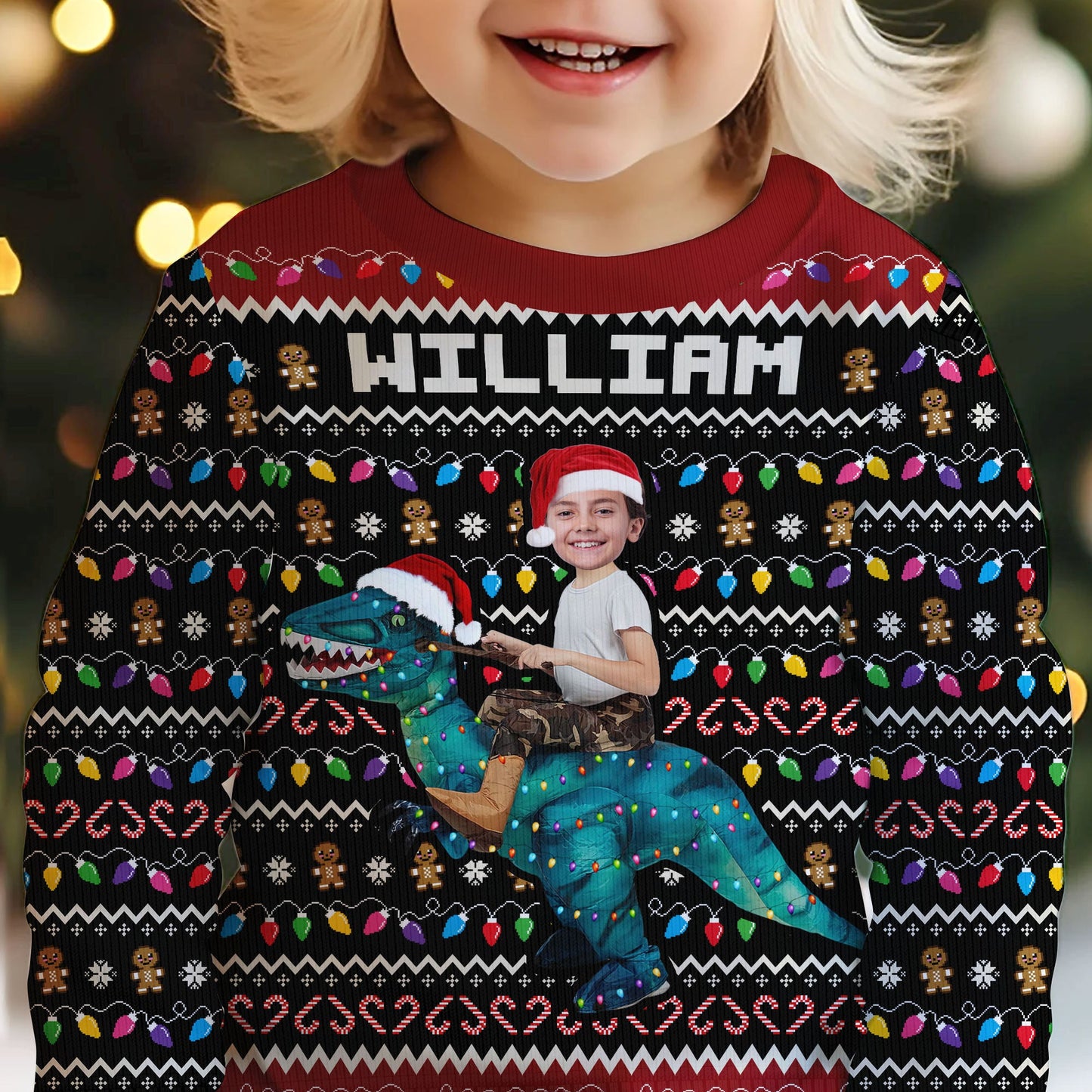 Custom Face Photo Dinosaur, Flamingo - Personalized Photo Kid's Ugly Sweater