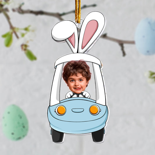 Custom Funny Face Bunny Easter Driving Car - Personalized Photo Easter Ornament