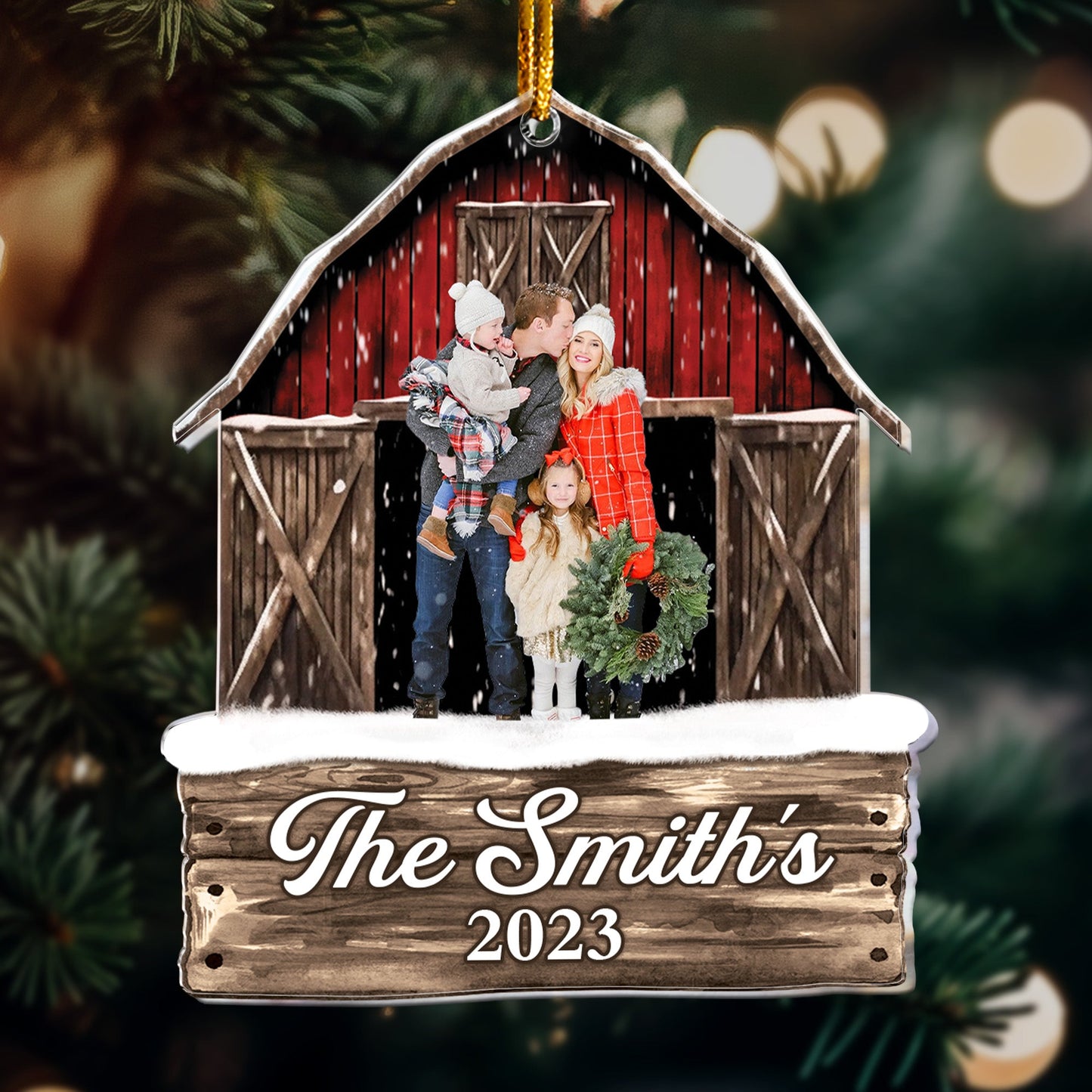 Custom Photo Red Barn Christmas Family - Personalized Acrylic Photo Ornament