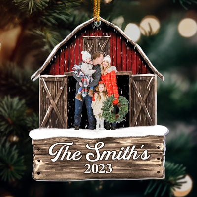 Custom Photo Red Barn Christmas Family - Personalized Acrylic Photo Ornament - Vintage Ornament