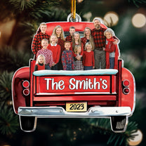 Custom Photo Red Truck Christmas Family - Personalized Acrylic Photo Ornament