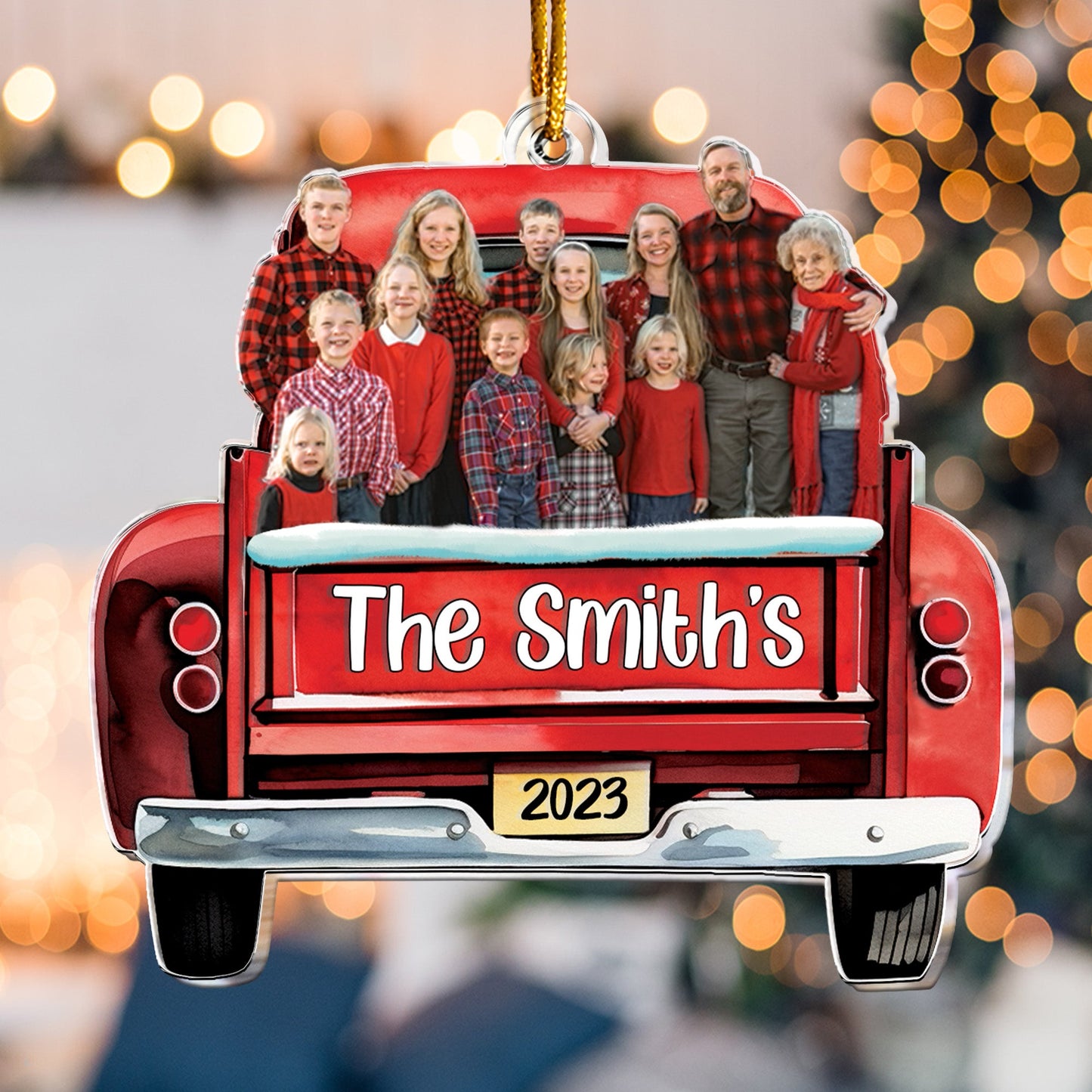 Custom Photo Red Truck Christmas Family - Personalized Acrylic Photo Ornament