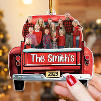 Custom Photo Red Truck Christmas Family - Personalized Acrylic Photo Ornament