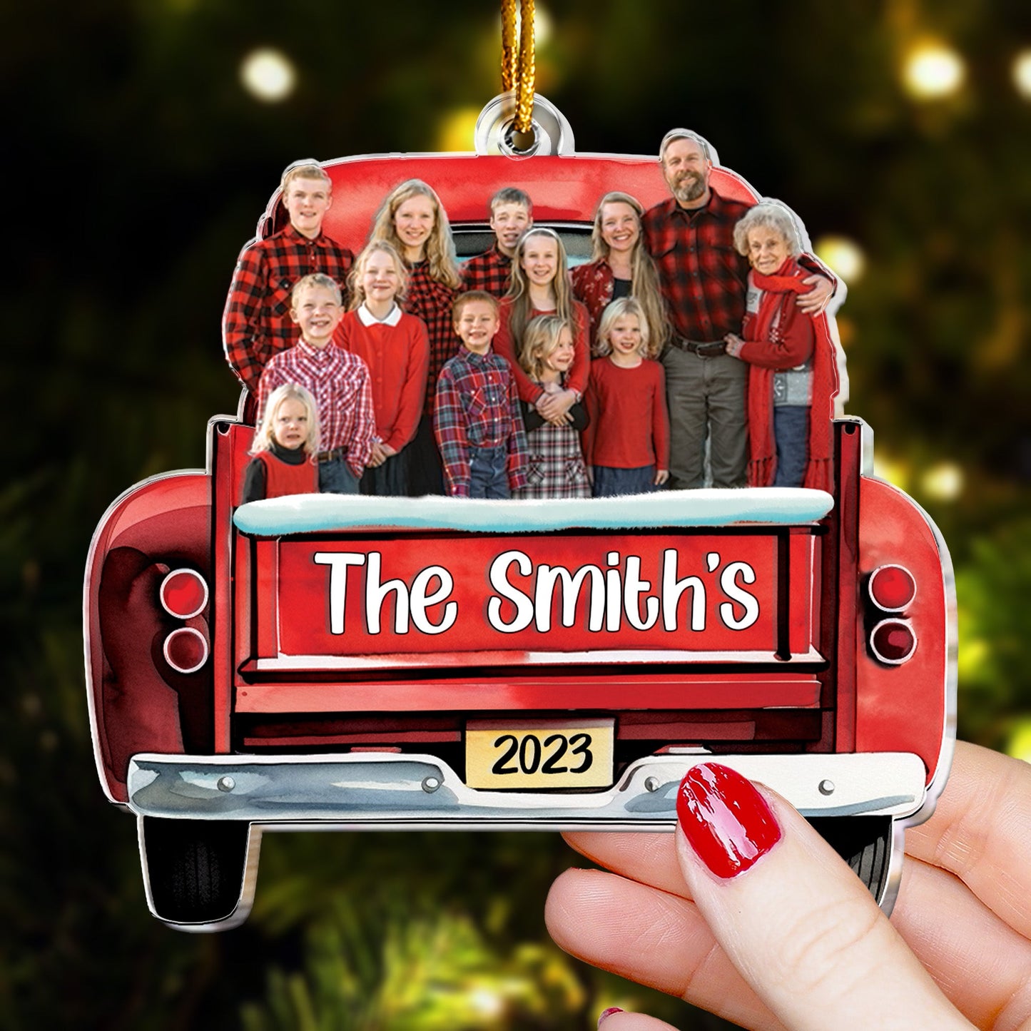 Custom Photo Red Truck Christmas Family - Personalized Acrylic Photo Ornament