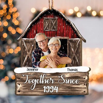 Custom Photo Together Since Couples Red Barn - Personalized Wooden Photo Ornament - Vintage Ornament