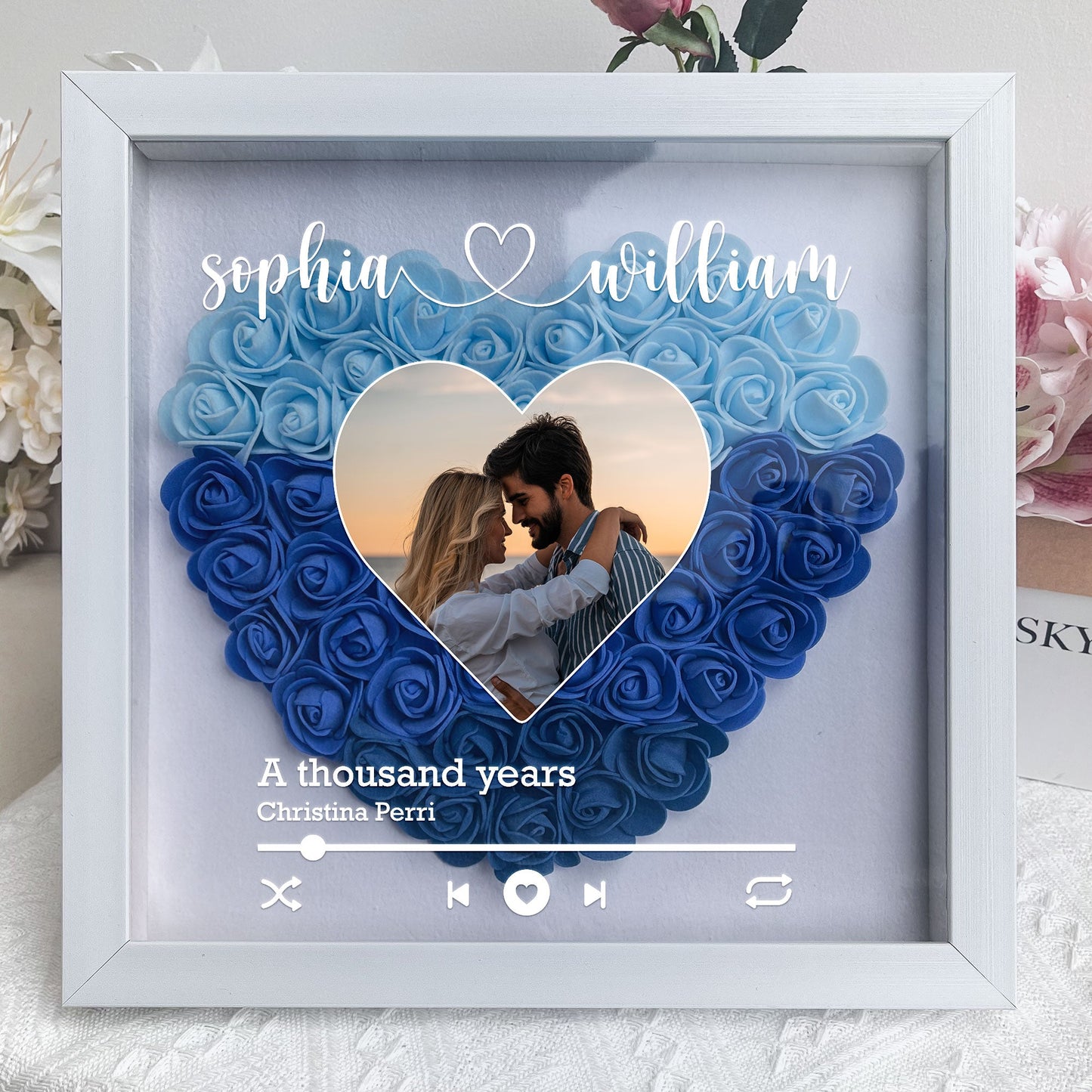 Custom Song Title Couple Gift - Personalized Photo Flower Shadow Box