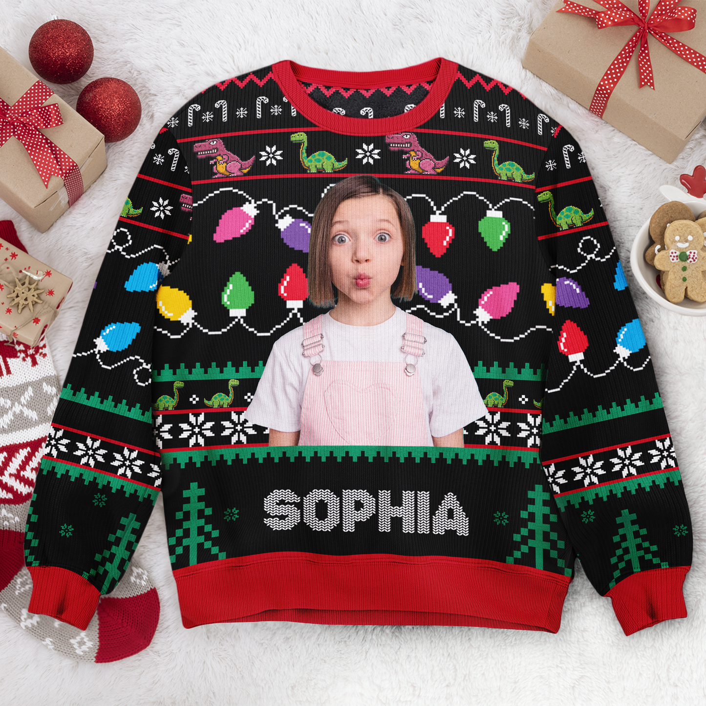 Cute Dinosaur With Name - Personalized Ugly Sweater