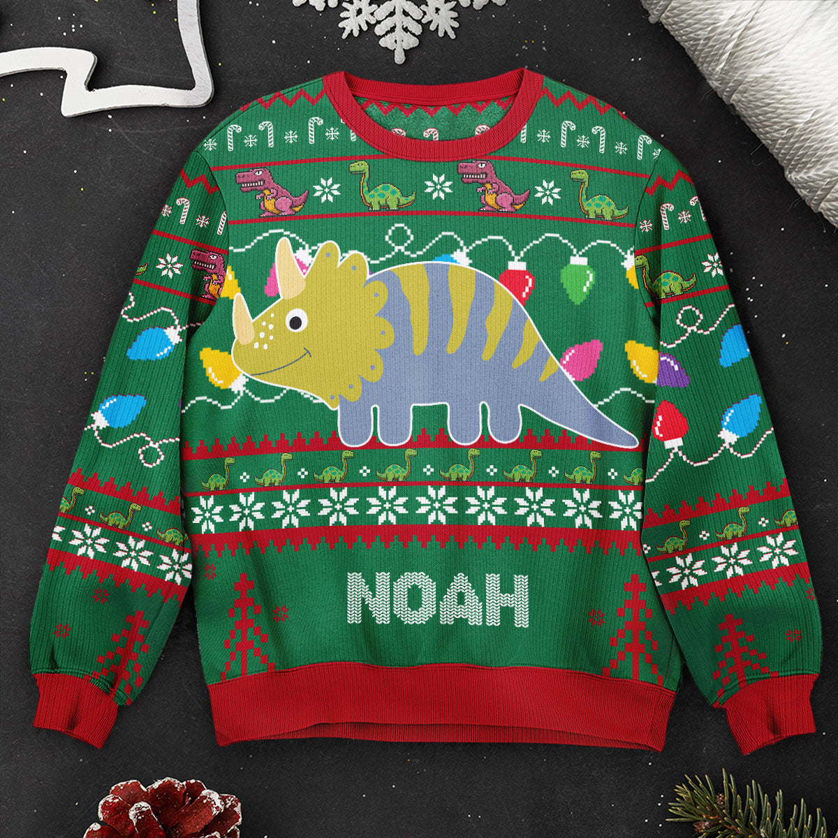 Cute Dinosaur With Name - Personalized Ugly Sweater