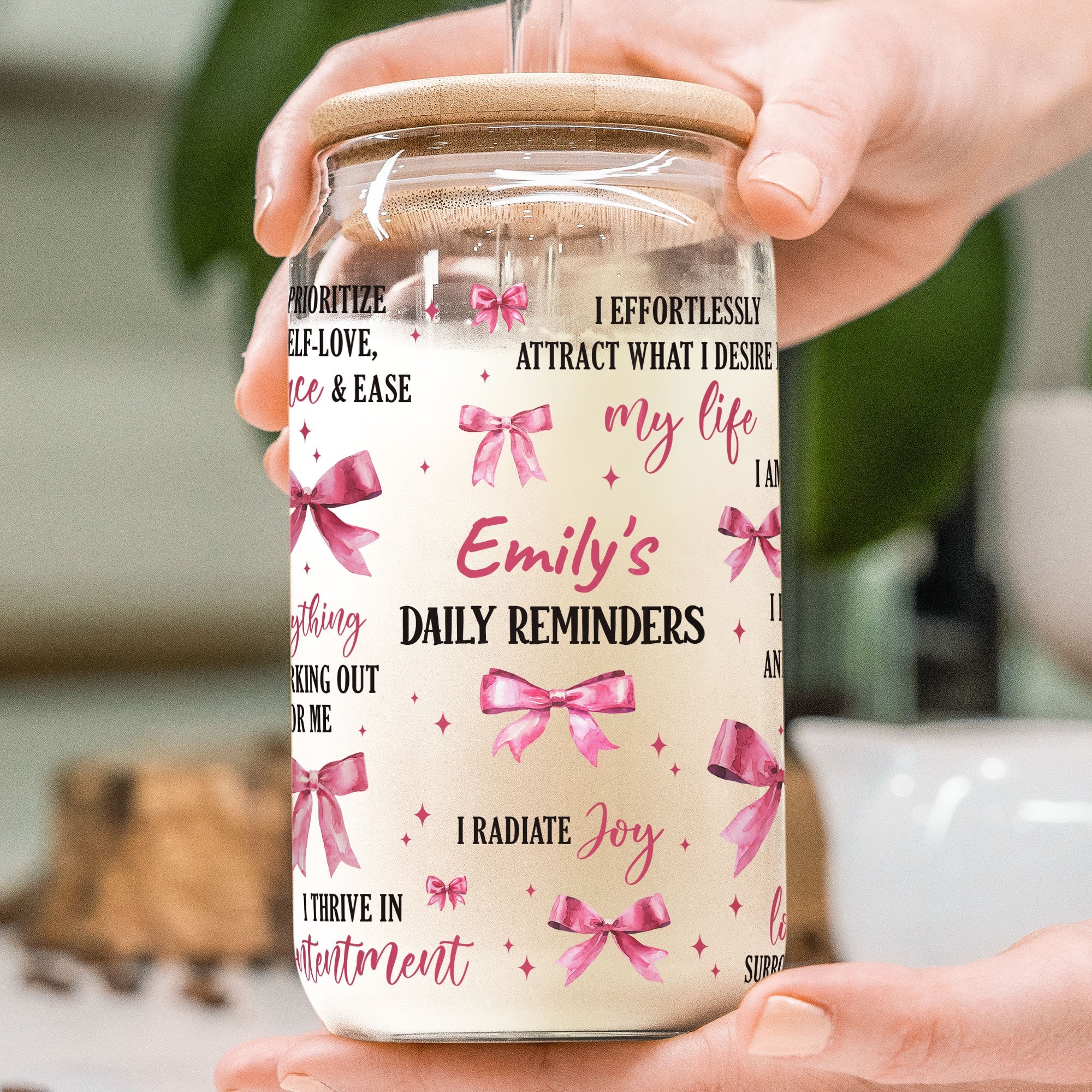 Daily Reminders Coquette Pink Bow For Daughter, Sister - Personalized Clear Glass Cup