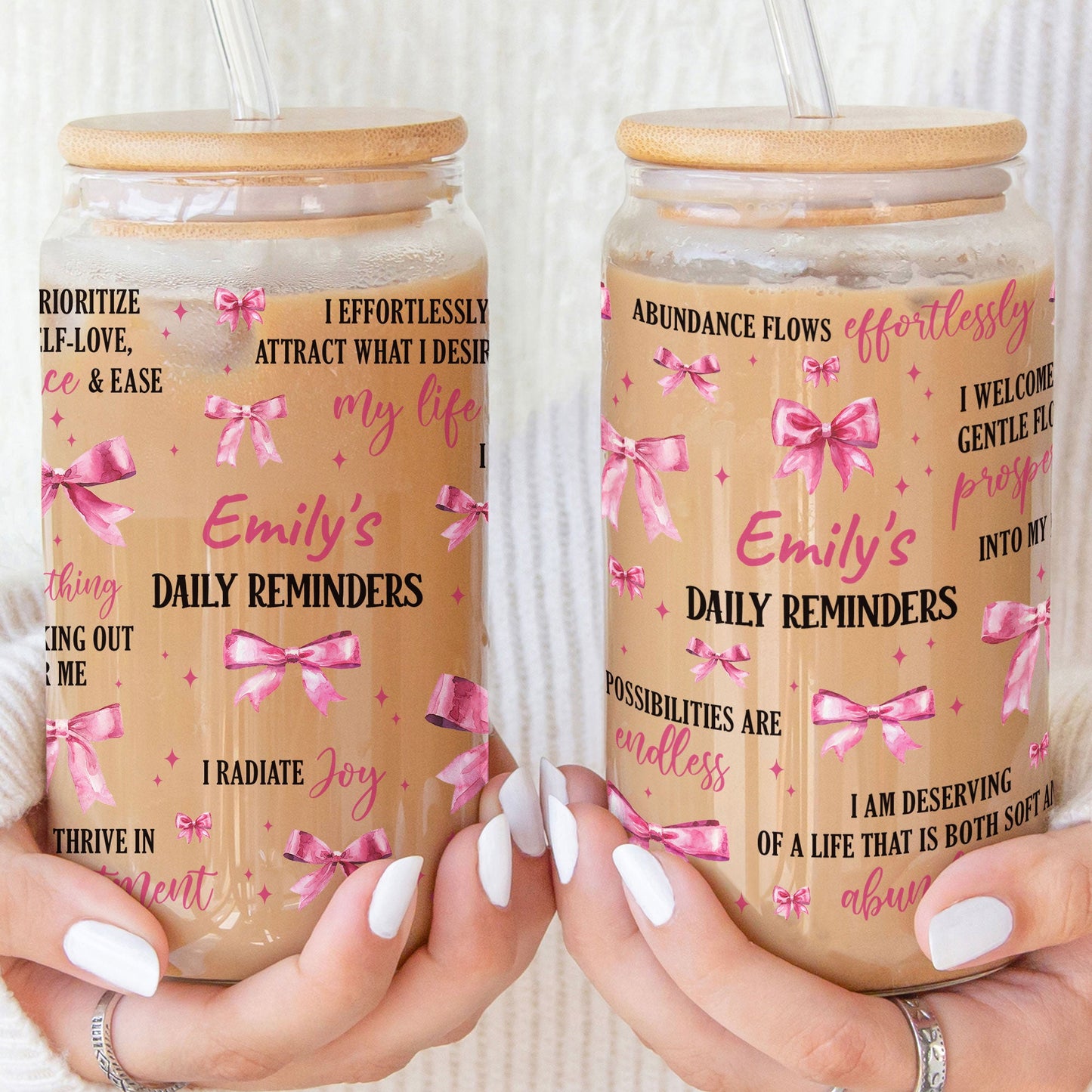 Daily Reminders Coquette Pink Bow For Daughter, Sister - Personalized Clear Glass Cup