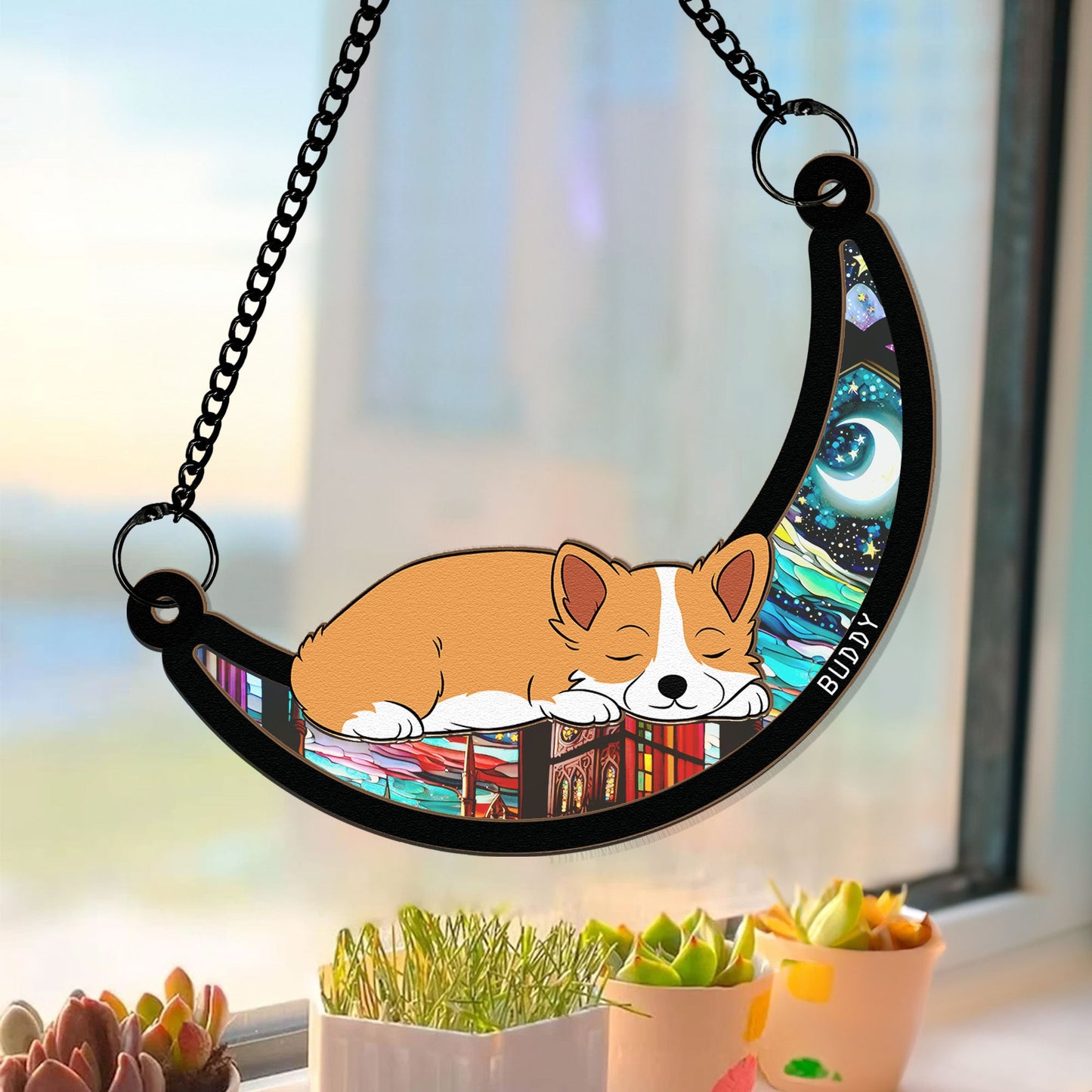 Dog Sleeping On The Moon - Personalized Window Hanging Suncatcher Ornament