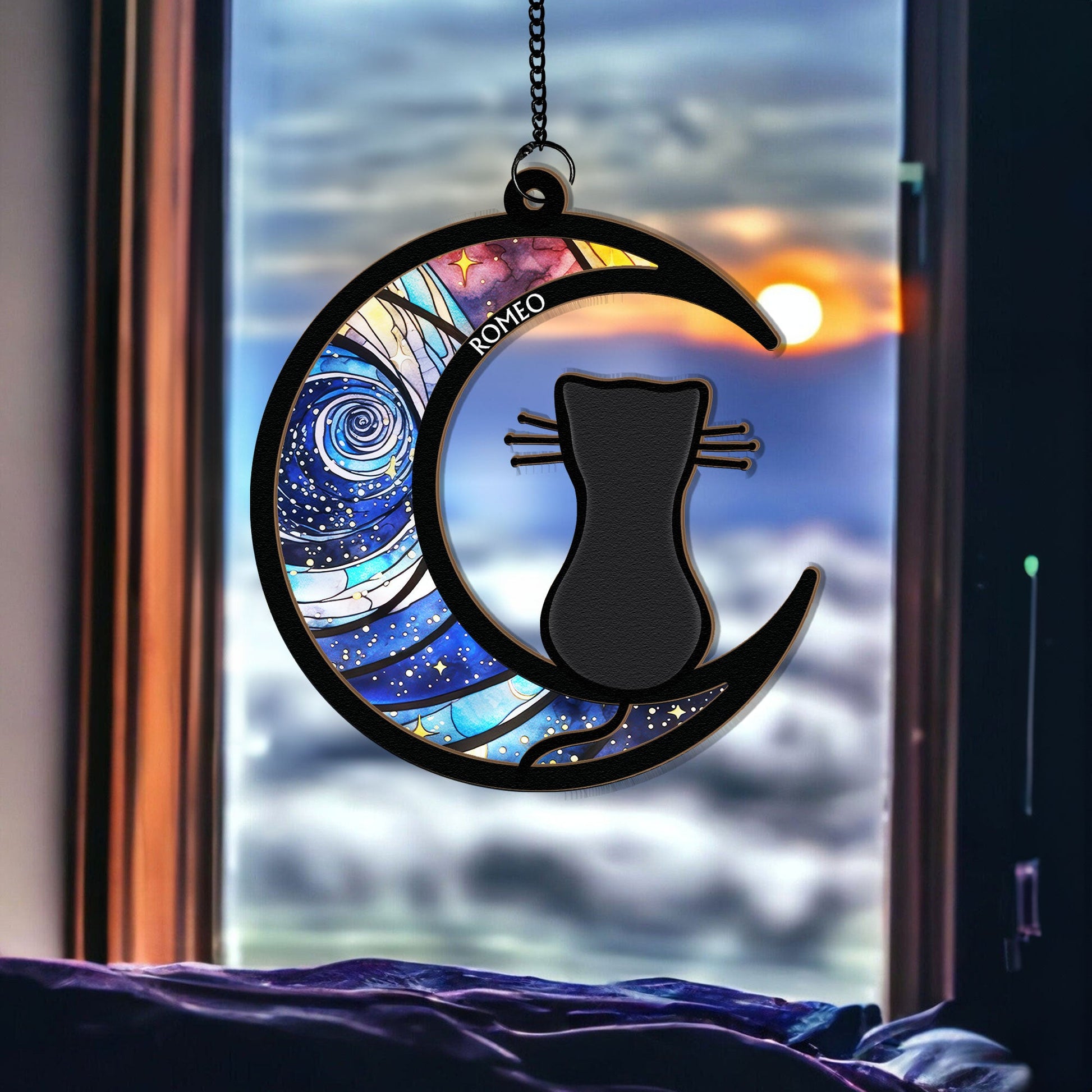 Dog & Cat On Moon - Personalized Window Hanging Suncatcher Ornament